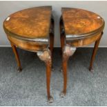 A Pair of Antique Burr Walnut Demi Lune card tables. One slightly larger than the other. [