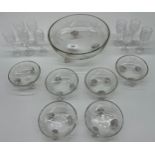 Antique crystal etched desert bowl with 6 matching desert bowls and 9 vintage cut crystal sherry