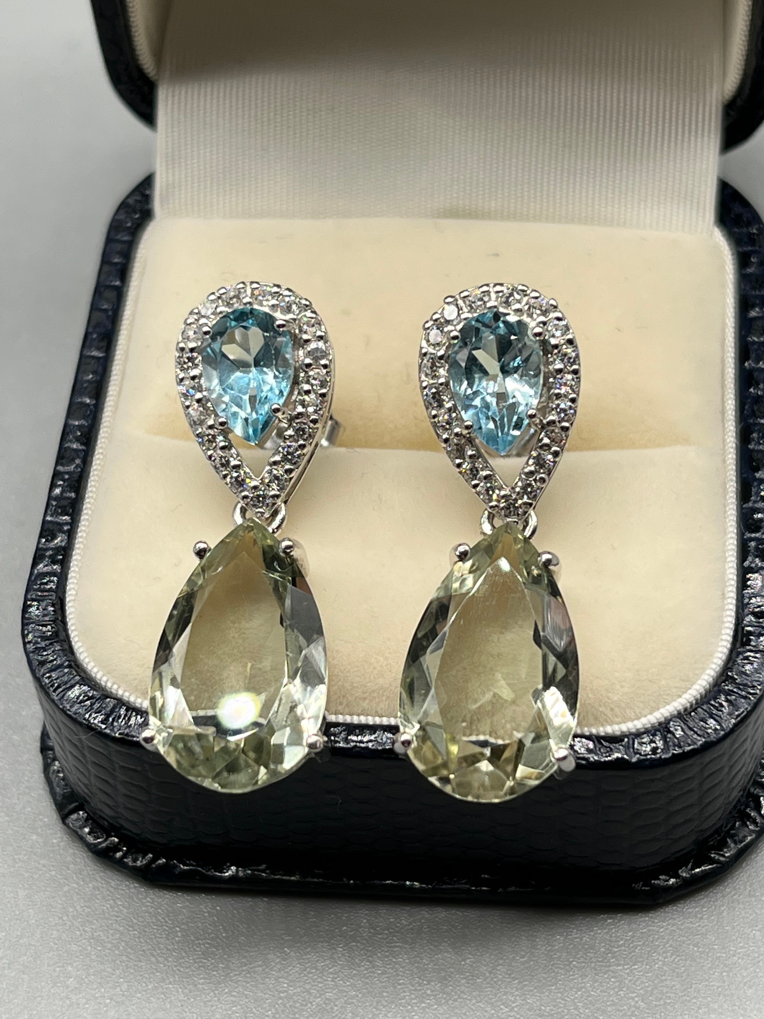 A Pair of silver, CZ and blue topaz drop earrings. - Image 2 of 2