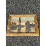 Albert Moulle A Framed river landscape at sunset, Oil on panel, signed. Fitted within a gilt
