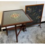 A Vintage dark wood framed and tapestry panel fire screen which adapts to being a table. Together