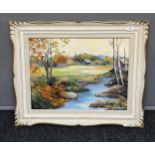 An original oil painting on board depicting river and landscape scene. Signed P. McNaughton. [