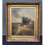 W.B. Mitchell Original oil painting on canvas depicting farmer, donkey and cart on dirt track