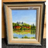 Original Acrylic painting on board depicting lake, village buildings and manor house by artist