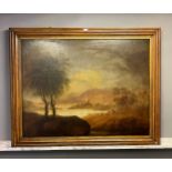 A Large 19th century oil painting on canvas depicting a rural landscape, cattle and ruins. Fitted