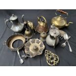 A Selection of plated items and brass items to include antique reception bell, Brass School Bell,