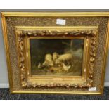 J Grell Oil painting on wooden panel depicting sheep, cockerel and chicken within the interior of