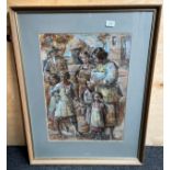 A Painting depicting a family by A M'Cheyne. Dated 1952. [Frame 82x63cm]