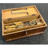 Antique stained pine shipwright joiners trunk filled with a quantity of joiners wood working