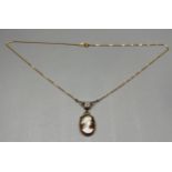 A 12ct gold and cameo carved necklace. designed in a suffragette style. Marked 500. [4.35grams]