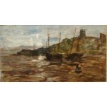 Hector Chalmers (British, 1849?1943) Harbour scene Oil on canvas board 25cm x 45cm
