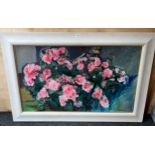 Large oil painting on canvas depicting rose bush. Signed by the artist.[Frame 80x119cm]