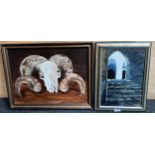 A Lot of two original paintings on board. One depicting a rams skull head and the other titled 'Krak