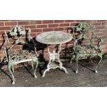 A Cast metal bistro garden table and two matching chairs.