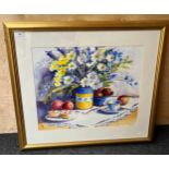 A Large still life watercolour depicting table setting of cakes and flowers[Frame 80x90cm]