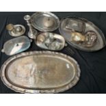 A Selection of plated wares to include large fish platter, serving trays, candle stick, tureens,