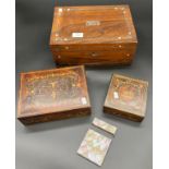 Three various ornate boxes and mother of pearl card case- as found. Lot to include card case, Two
