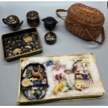 A Selection of miniature items to include Chinese pottery made figures and animals, Paper mache sake