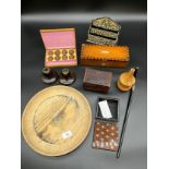 A Selection of collectables to include light wood collection bowl, elm wood bud vase, mauchline ware