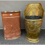 A Large ornate gilt brass coal scuttle together with a metal umbrella stick stand. [76cm high]