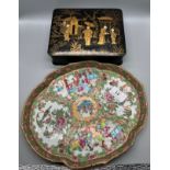 A Chinese Famille Rose hand painted tray [as found] together with a lacquered Chinese lidded box