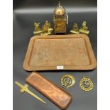 Antique Indian serving tray, Brass bell carriage clock, Gilt brass figure paperweights, Two horse