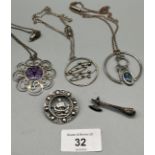 A Lot of silver jewellery to include three pendants with chains and two Celtic design brooches.