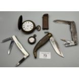 A Lot of three vintage pocket knives, Vintage military style lighter and two pocket watches.