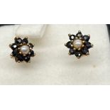 A Pair of 9ct gold sapphire and pearl earrings.