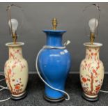 A Lot of three Chinese 20th century porcelain table lamps [55cm high]