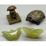A Pair of hand carved Chinese jade Ingots, Together with a Chinese bronze turtle figure and foo