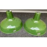 Two vintage/ retro Benjamin British made green and white enamelled shades.