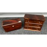 Antique Rosewood veneer tea caddy along with a three drawer apprentice chest.