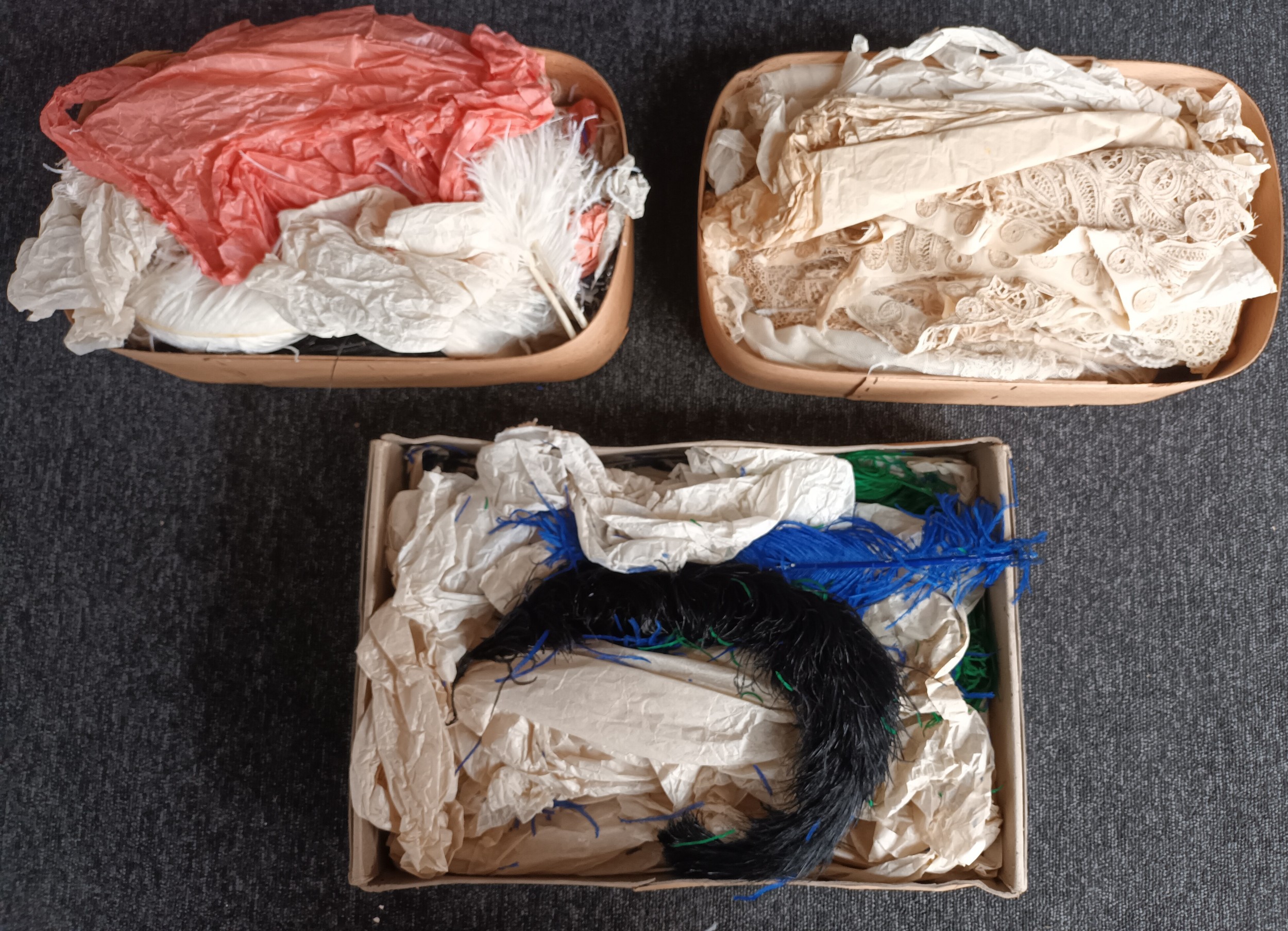 3 Boxes to include various vintage lace and feathers. One of the boxes addressed to The Countess