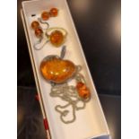 A 925 Silver and amber apple shaped brooch/ pendant, 925 silver and amber pendant with silver chain,