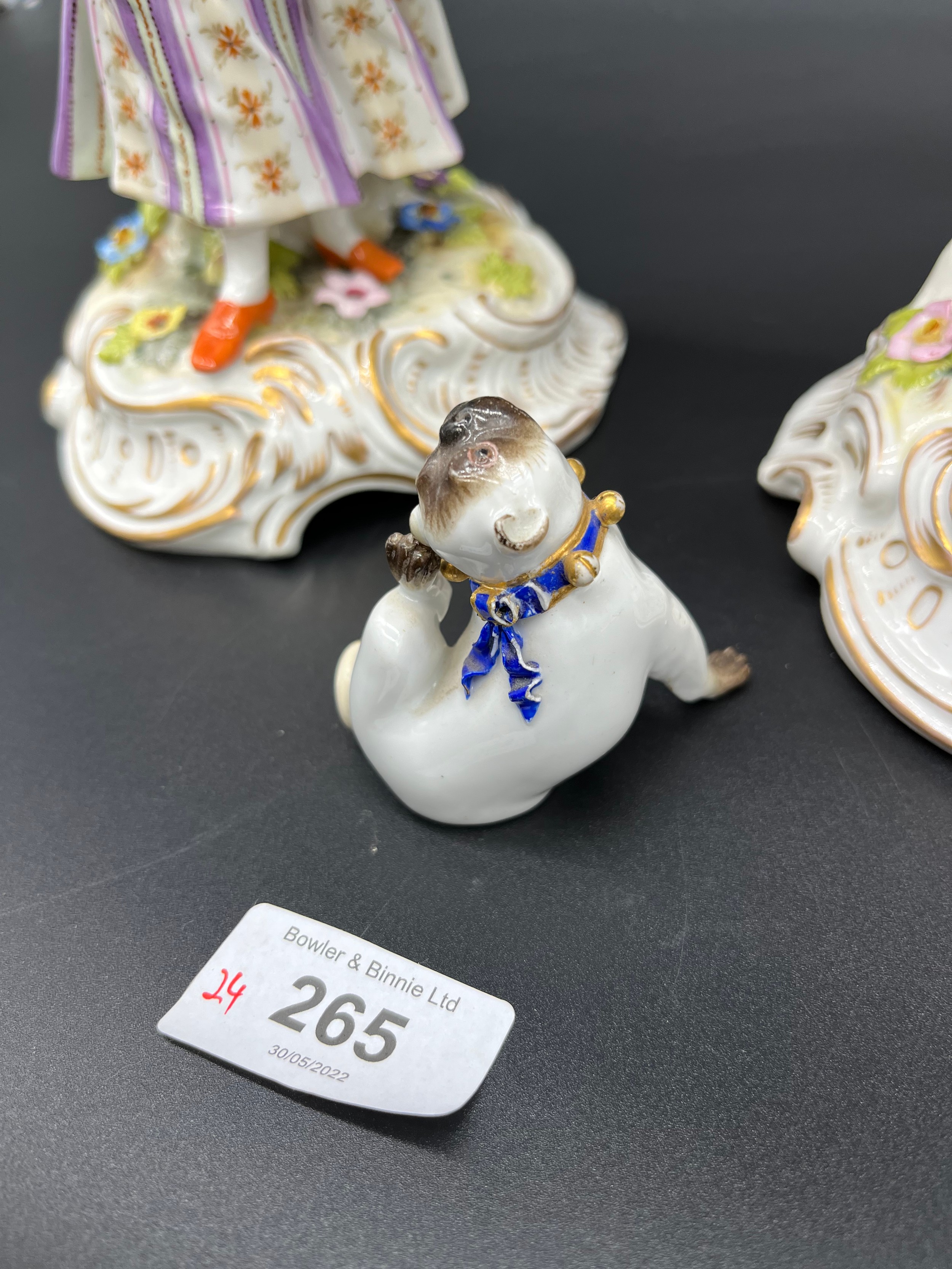 A Large pair of antique Meissen style figures, Together with a small Meissen pug dog. [As Found][ - Image 2 of 4