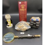 A Lot of collectables to include Authentic Brass Miner's oil lamp, bone dominoes, Sawyers View