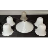 Four vintage milk glass shades, frosted glass shade and one U.F.O Style shade.