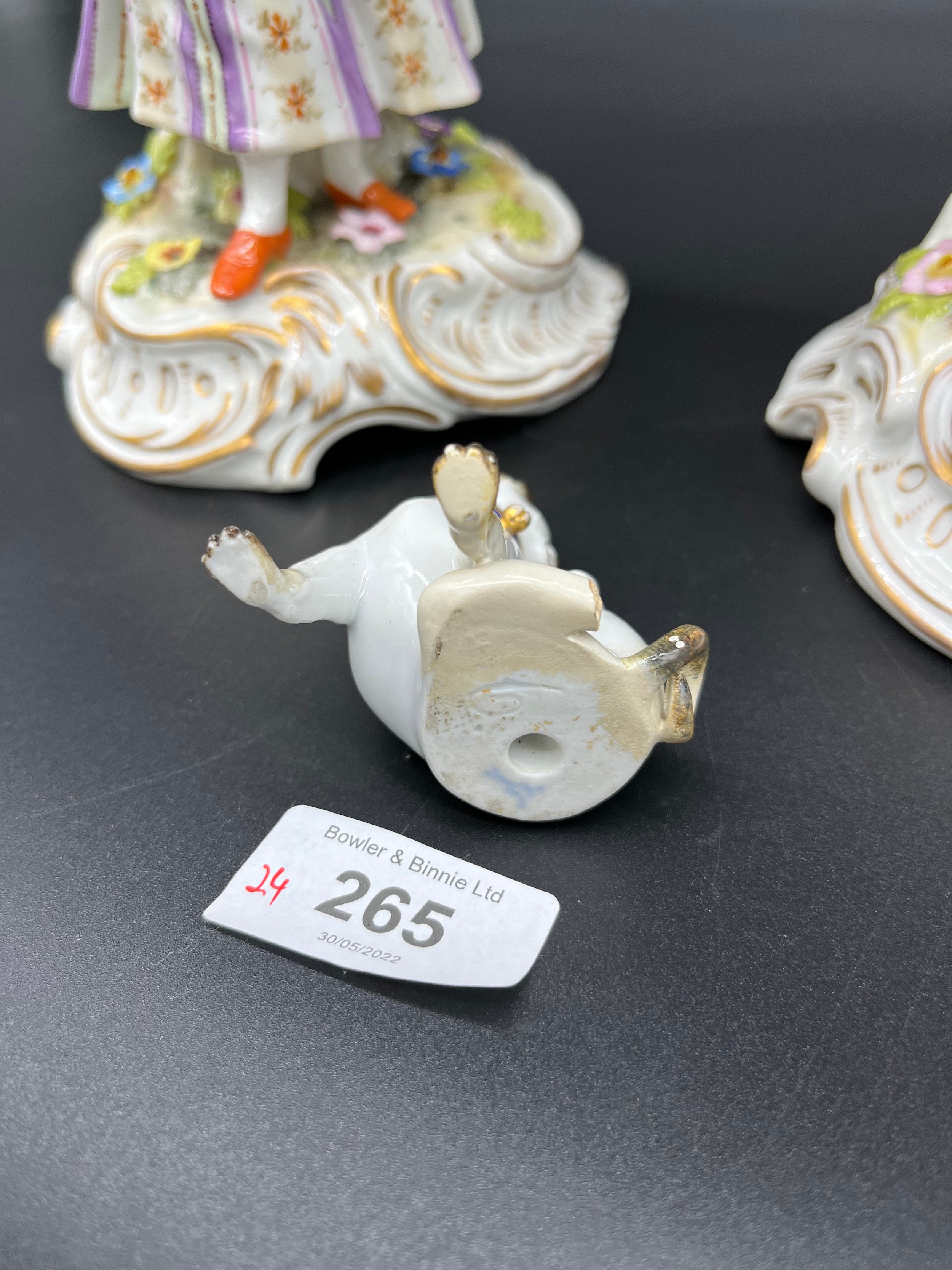 A Large pair of antique Meissen style figures, Together with a small Meissen pug dog. [As Found][ - Image 4 of 4