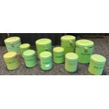 A Collection of vintage Tala green kitchen preserve tins. [One as found]