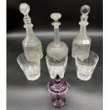 A Lot of three large whisky glasses, Two etched vine design decanters, facet cut decanter and purple