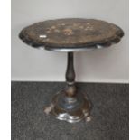 Antique lacquered/ papermache pedestal table, detailed with mother of pearl inlays. [70x66x54cm]