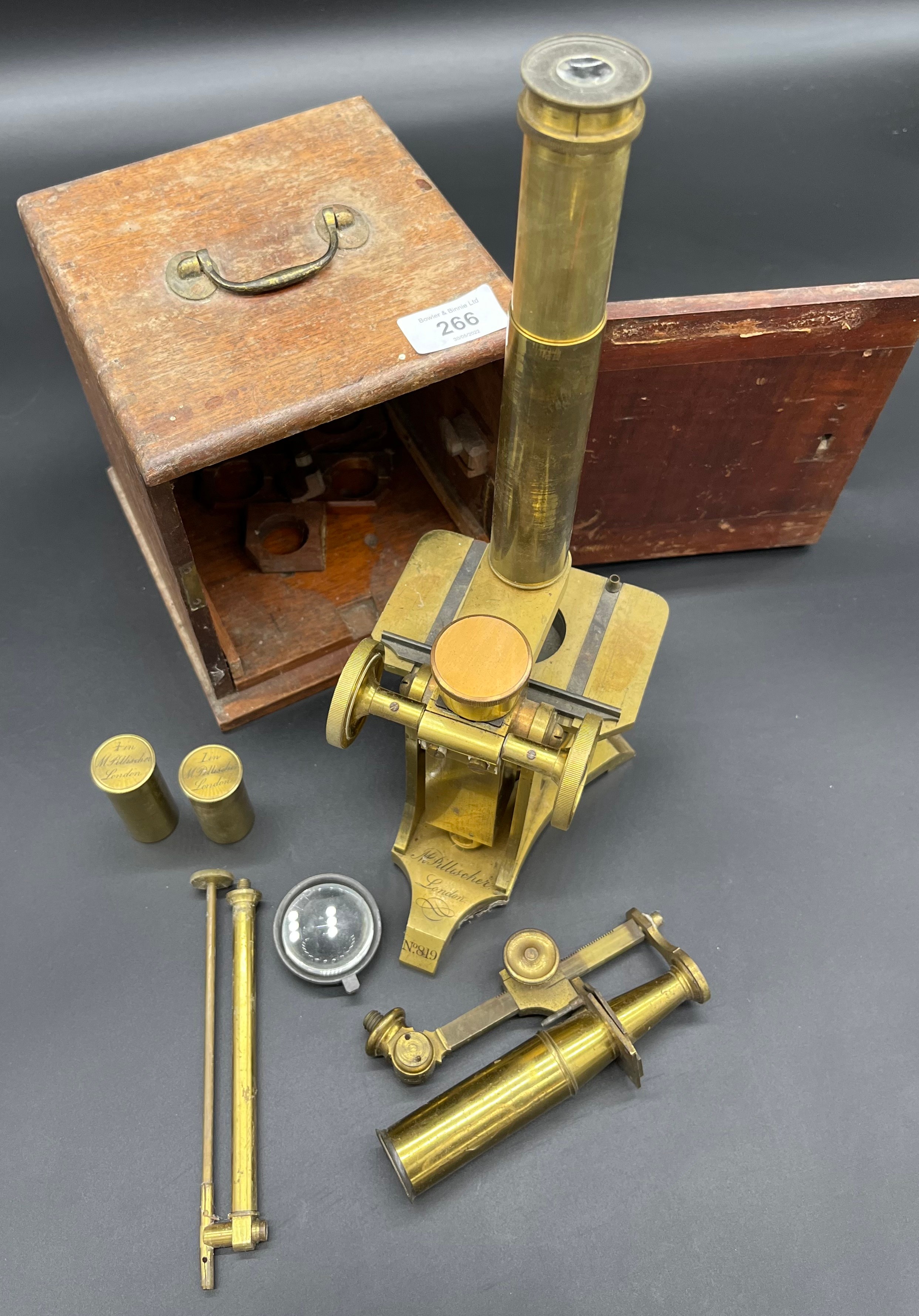 A 19th century Monocular microscope by Moritz Pillischer, London, no.819.