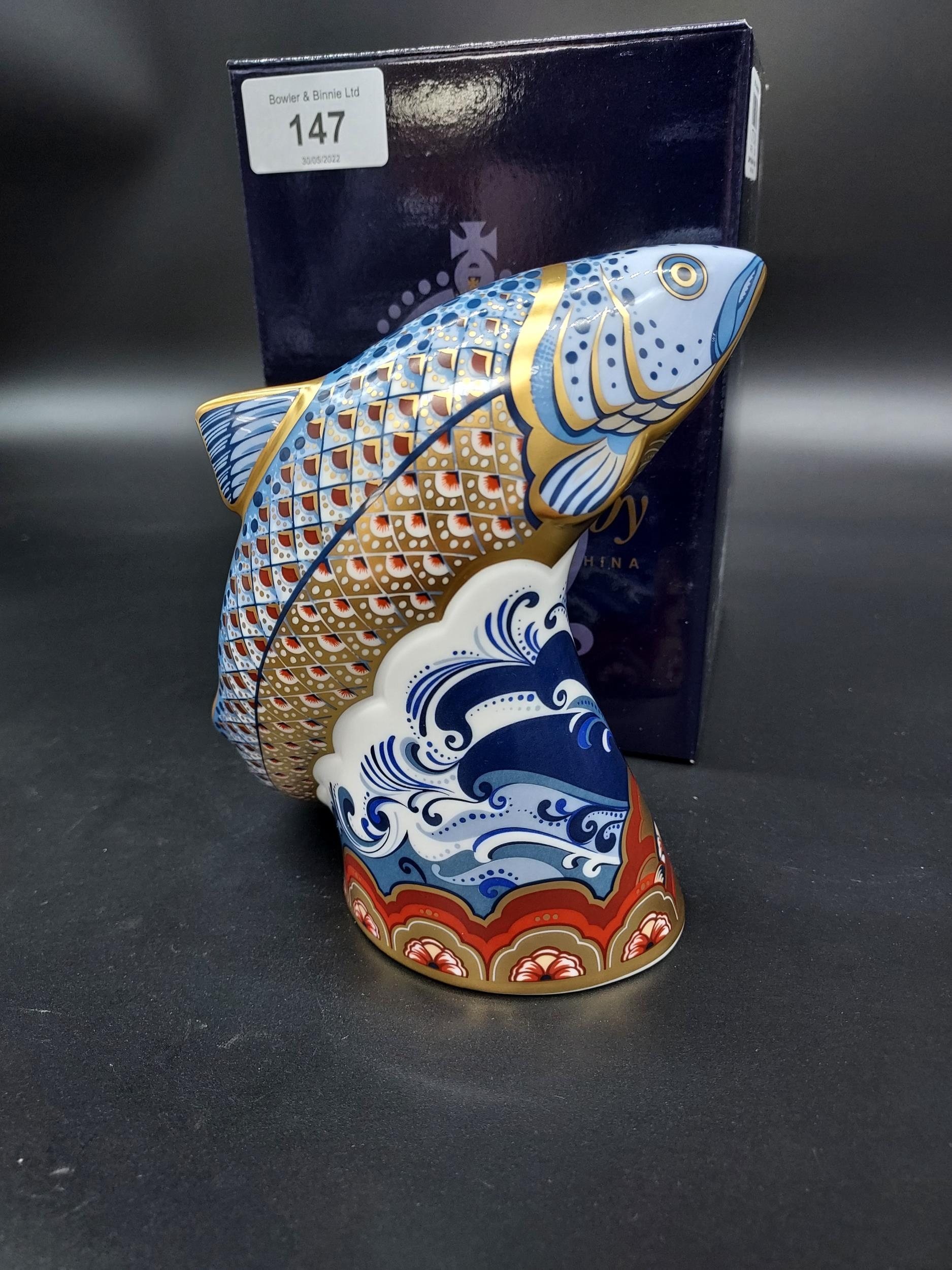 A Royal Crown Derby Leaping Salmon- Sinclairs. Gold Button and comes with original box. - Image 2 of 5