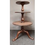 19th century mahogany dumbwaiter, with three circular tiers, on cabriole legs ending in pointed