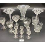 A Collection of antique and vintage crystal etched glasses and vases. Includes two Stuart Crystal