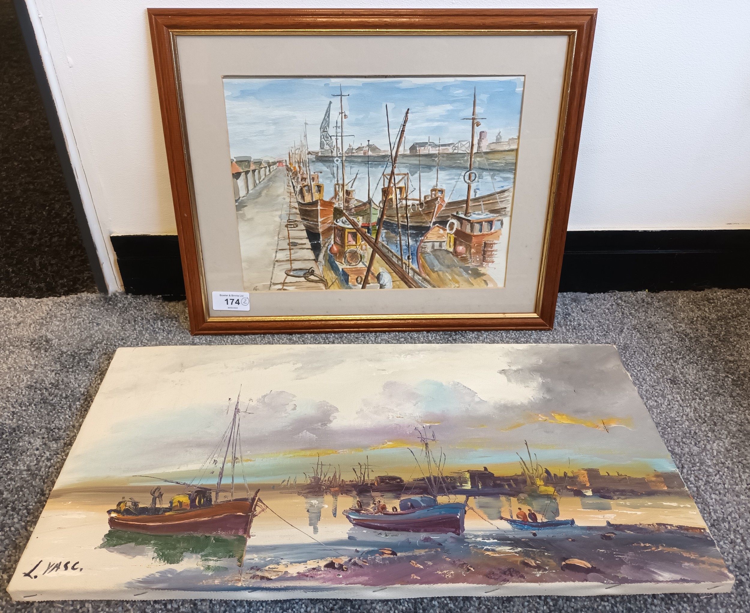 2 Signed pictures, watercolour on paper along with oil on canvas both depicting fish boats framed [