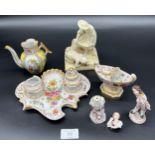 A Selection of Meissen & Dresden porcelain and odds to include floral design double ink well pot