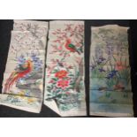 3 colourful detailed chinese painted silks depicting various bird scenes