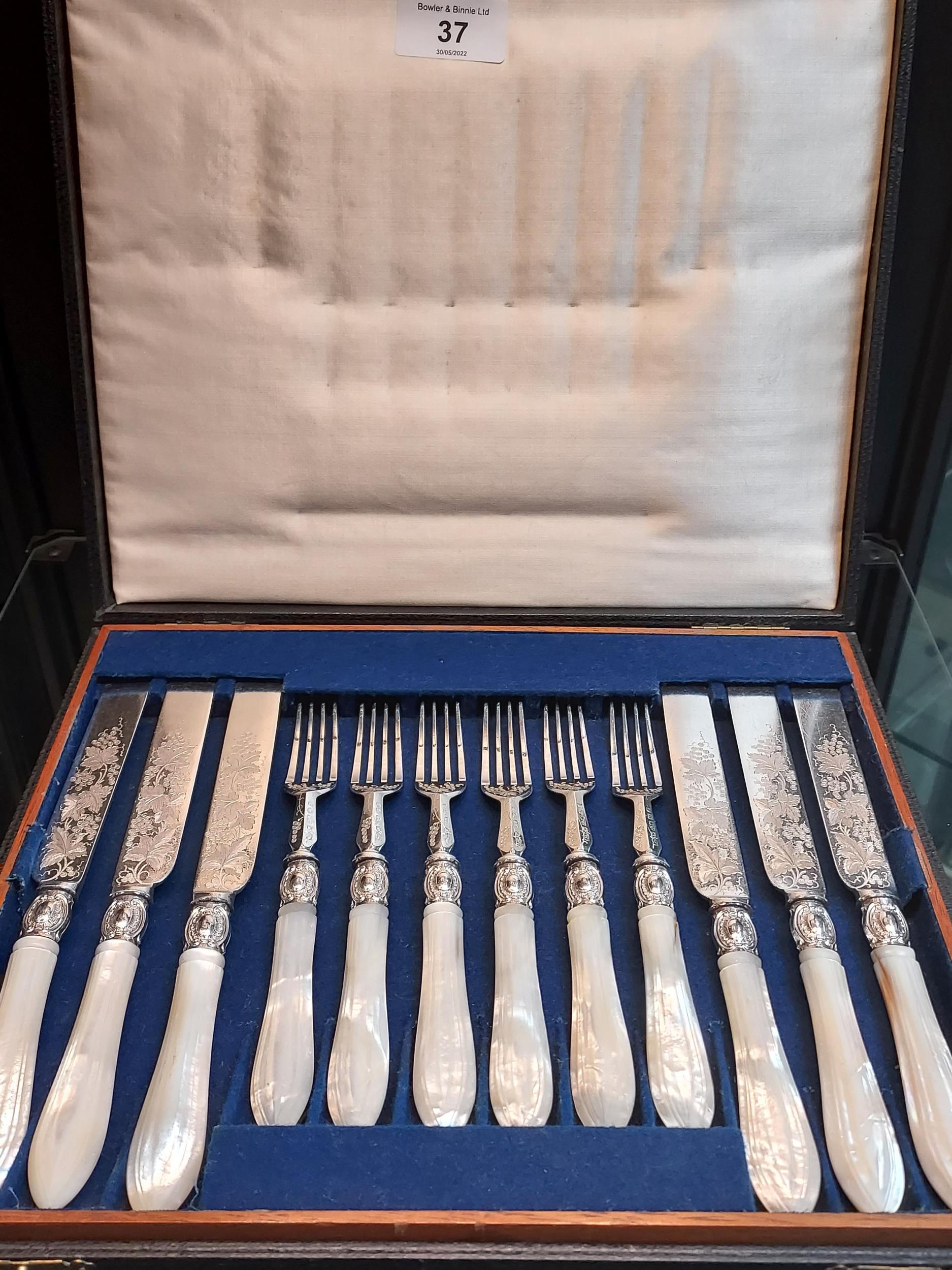 A Boxed set of twelve ornate knives and forks, designed with mother of pearl handles.